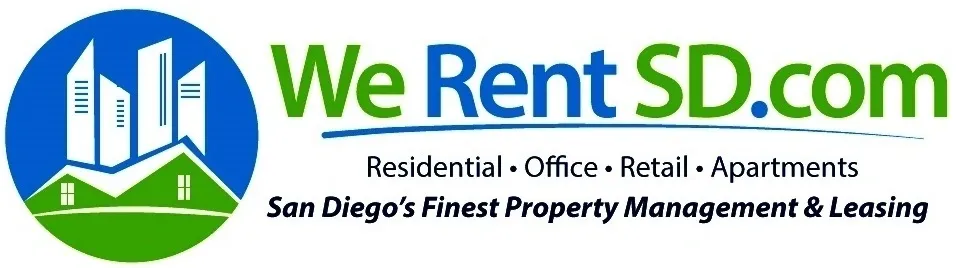 We rent logo with words in blue and green